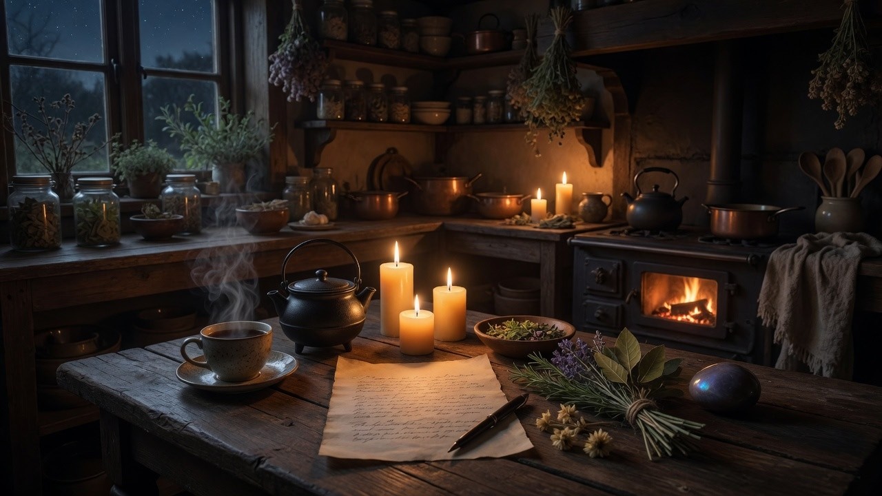 New Moon Tea Ritual in a Cozy Witch Kitchen | Candlelight & Fireplace Ambience 4 Hours