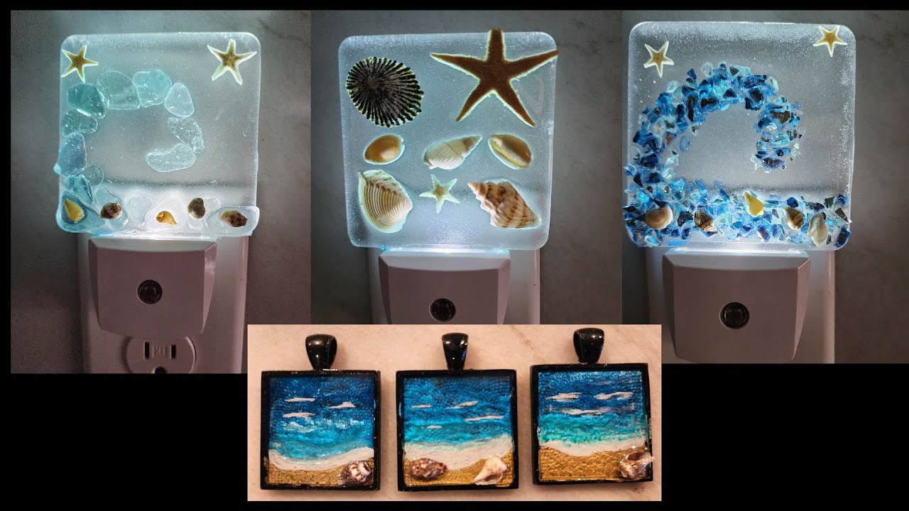 Beach, Waves, and Seashell Nightlights and Jewelry - Resin, Crushed Glass, Sea Glass