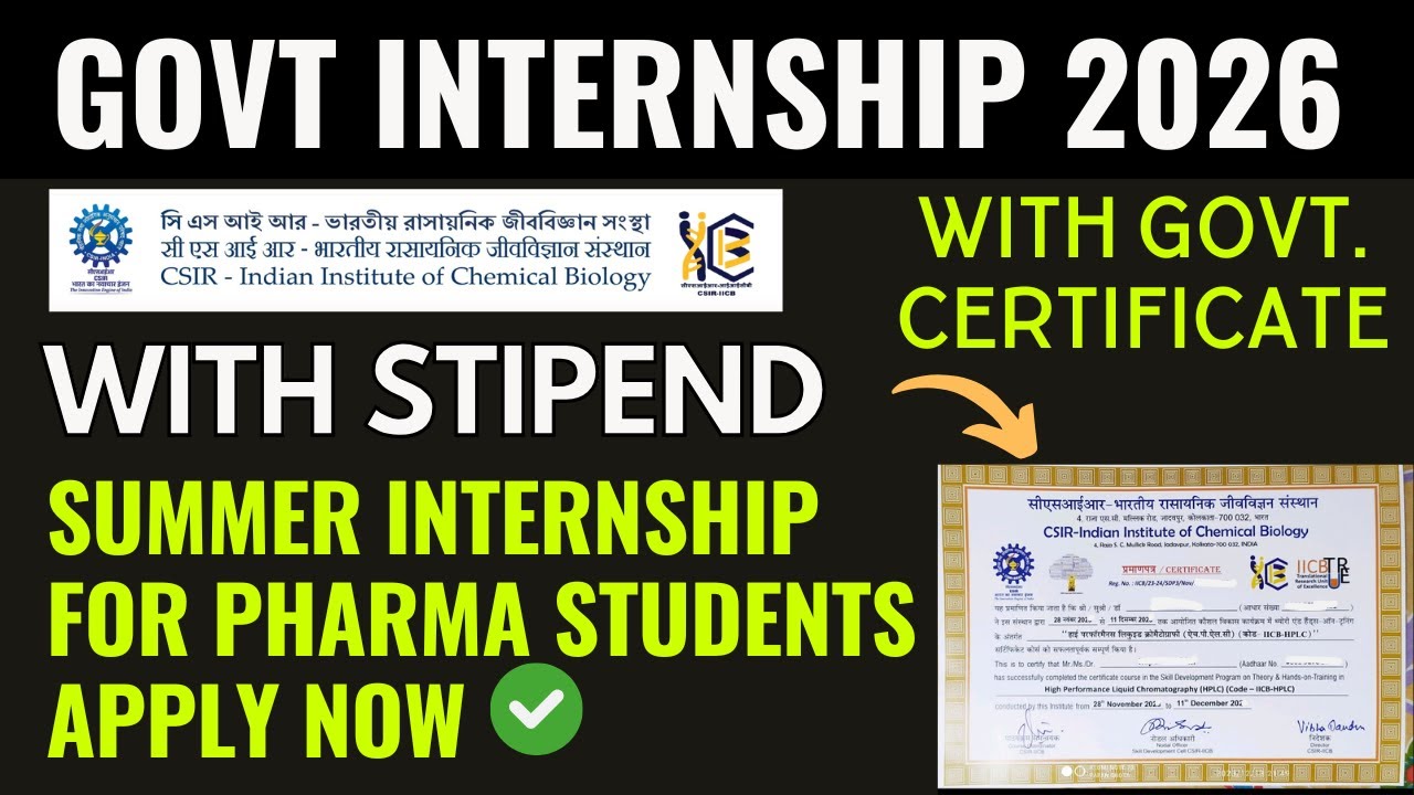 Internship opportunity for Pharma Students | With Certificate | CSIR-IICB | Pharmacy Internship