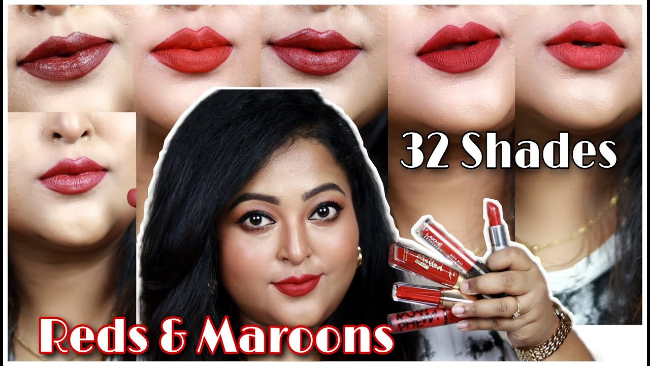 RED & MAROON LIPSTICKS|| 32 Shades|| AFFORDABLES/EXPENSIVE|| For All Skintones|| REVIEW & SWATCHES