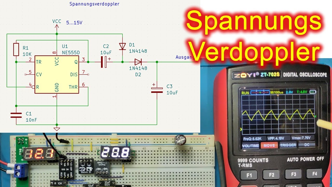 Der Spannungsverdoppler - Rechteckgenerator mit dem 555 Timer und Verdopplerschaltung aufgebaut.