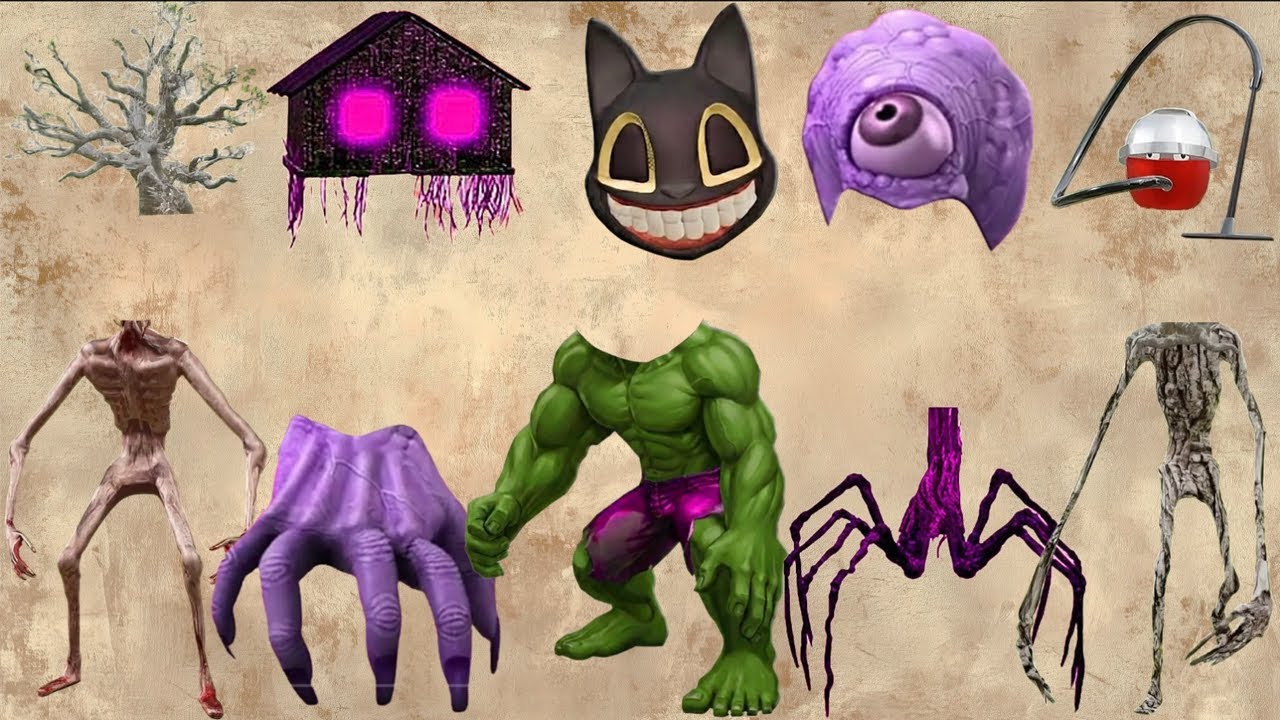 WRONG HEADS BRAIN EYE, SIREN HEAD VACUM CLEANER, SIREN HEAD ACA HURICANE, SIREN HEAD T-REX, HULK CAT