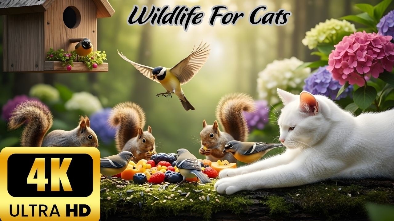 NO ADS Cat TV 🐿️ Squirrel & Bird Playground 🐦 Perfect 4K HDR Nature Video