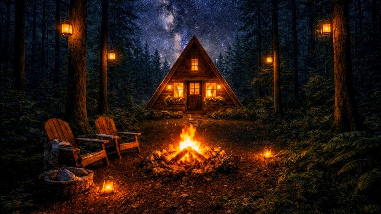 Deep Forest Cabin & Campfire Sounds for Sleep 🔥 Crackling Fireplace For Stress Relief (No Music)