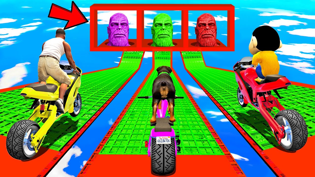 SHINCHAN AND FRANKLIN TRIED 3 THANOS PRIZE MEGA RAMP JUMP CHALLENGE BY CARS BIKES & TRUCKS GTA 5