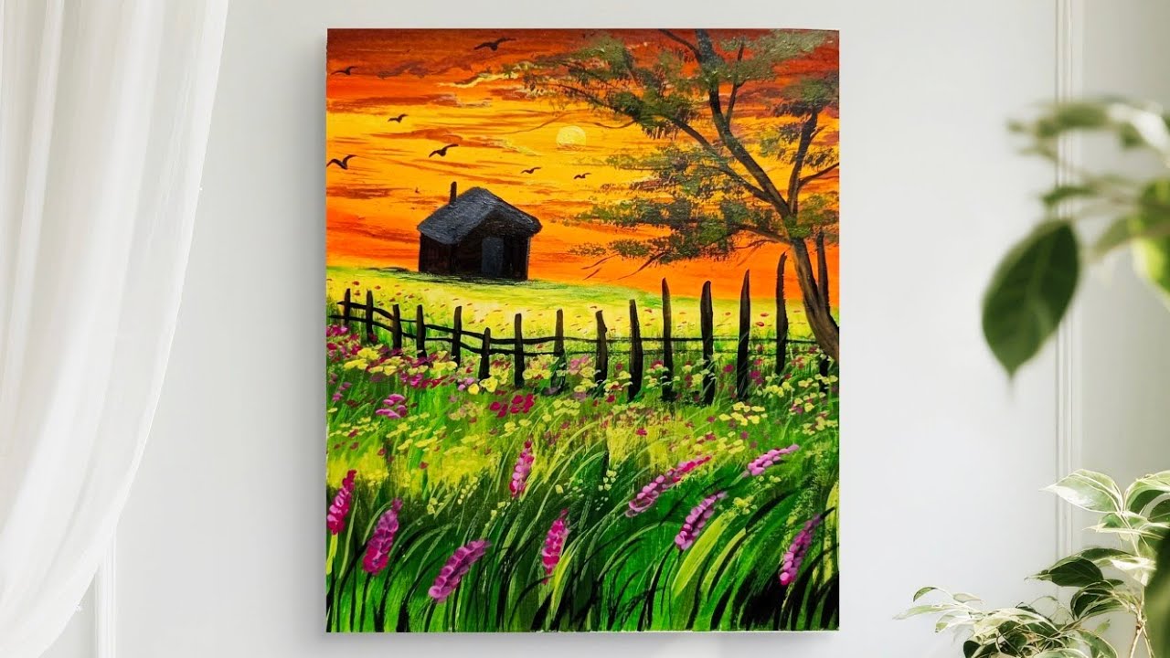 Nature Scenary  Painting / Easy Sunset Painting for Beginners / Acrylic Painting Tutorial 