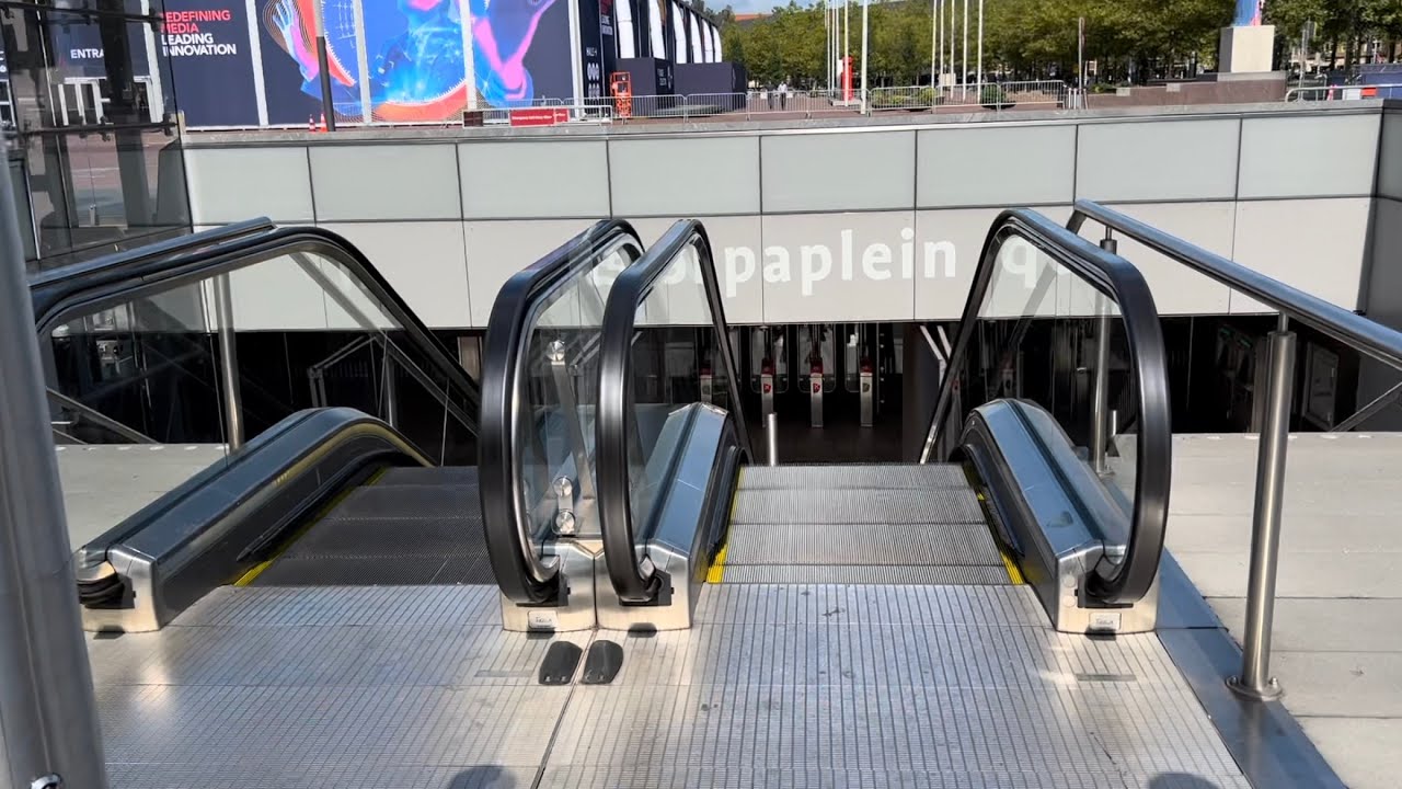 Amsterdam, Netherlands. 4x ThyssenKrupp escalators at Europaplein Metro station - exit 1/2