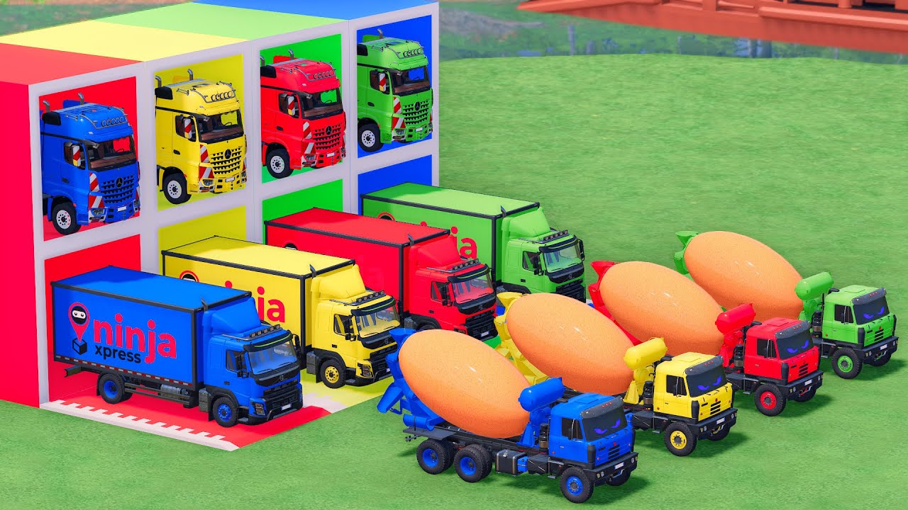 Trucks With COLORS - TATRA MIXER TRUCK and VOLVO BOX TRUCK with MERCEDES FLATBED TRAILER TRUCK