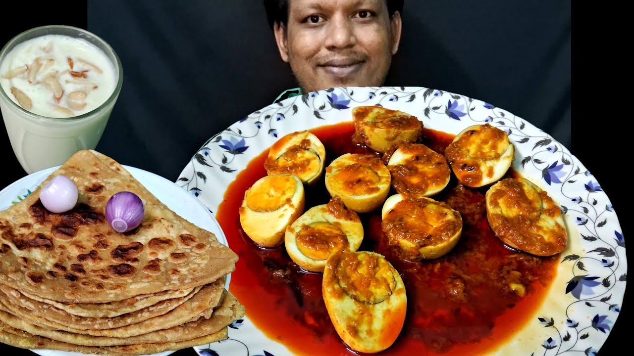 Desi ghee er paratha and Dhaba style fried egg curry, badam lassi, spicy asmr, food videos, mukbang