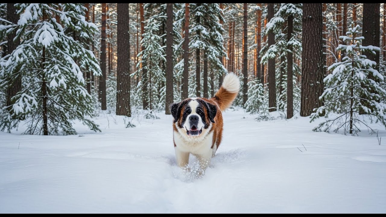 Relaxing Music for Stress Relief | Playful Saint Bernard Running in a Peaceful Winter Wonderland