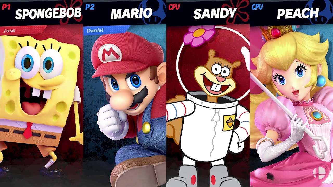 Mario and Peach vs Spongebob and Sandy in Super Smash Bros Ultimate