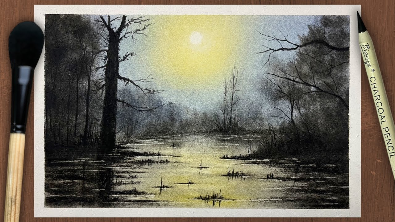 Misty Forest Landscape Drawing | Charcoal & Soft Pastel Nature Scenery