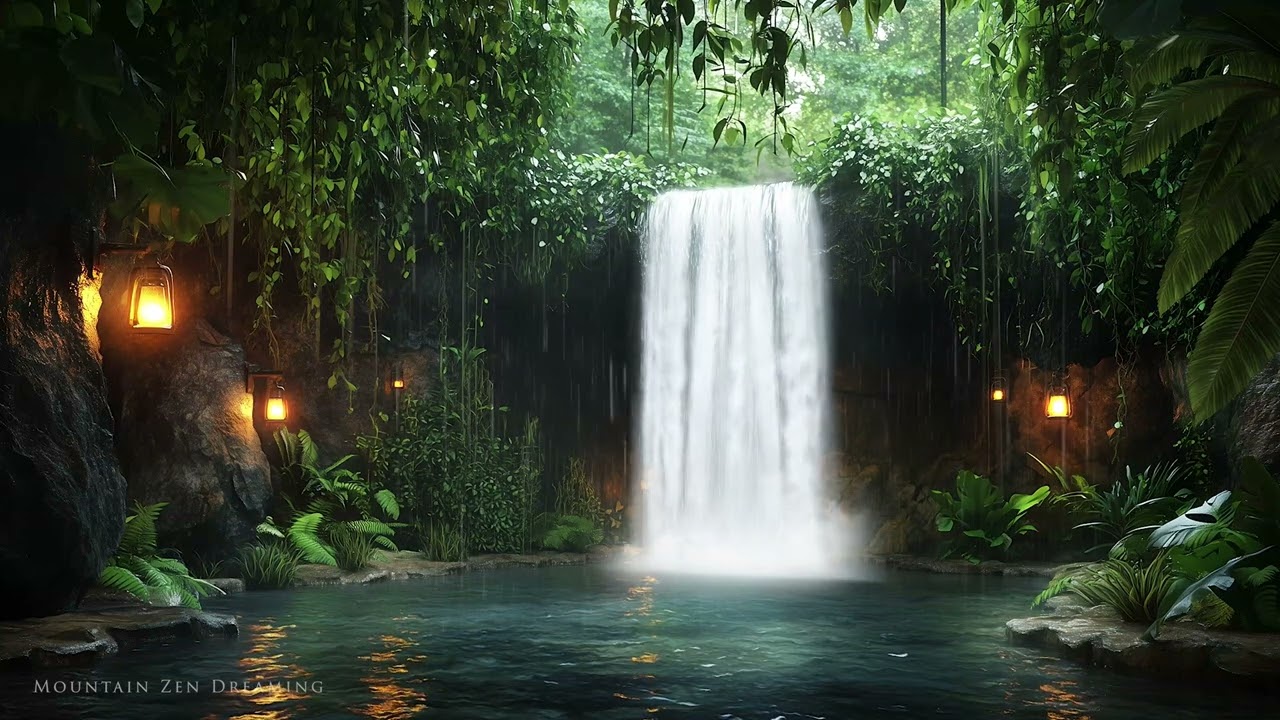 Magical Hidden Grotto Experience: Relaxing Waterfall Sounds and Soft Rain for Unwinding and Rest