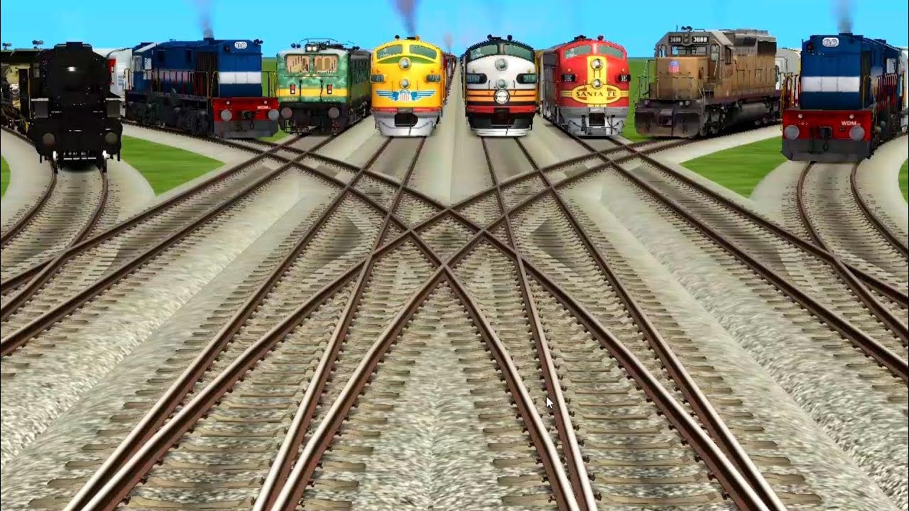 Eight Railgadi Crossing on 🛫 Bumpy Railroad Tracks Curved Branched Railroad Tracks|| Train Wala game