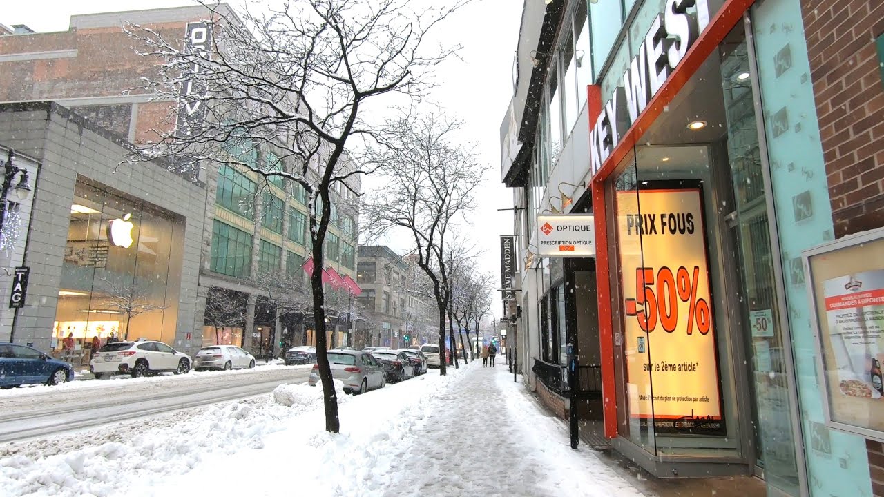 Snowy Downtown Montreal Walk (Mackay and Sainte-Catherine Street West)