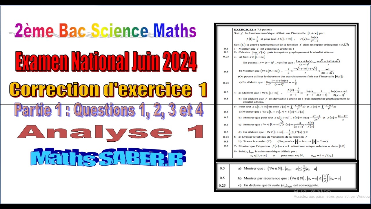 2ème Bac Sciences Maths  Etude des fonctions et Suites Examin juin 2024 Exercice 1 partie1