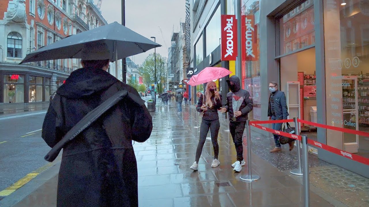 London Rain Walk - Bond, Carnaby, Oxford & Regent Streets | 4K ASMR | May 2021