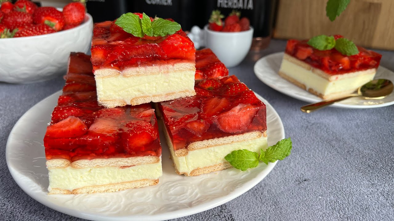 🍓 Budyniowiec z galaretką i truskawkami - Proste ciasto bez pieczenia 🍓
