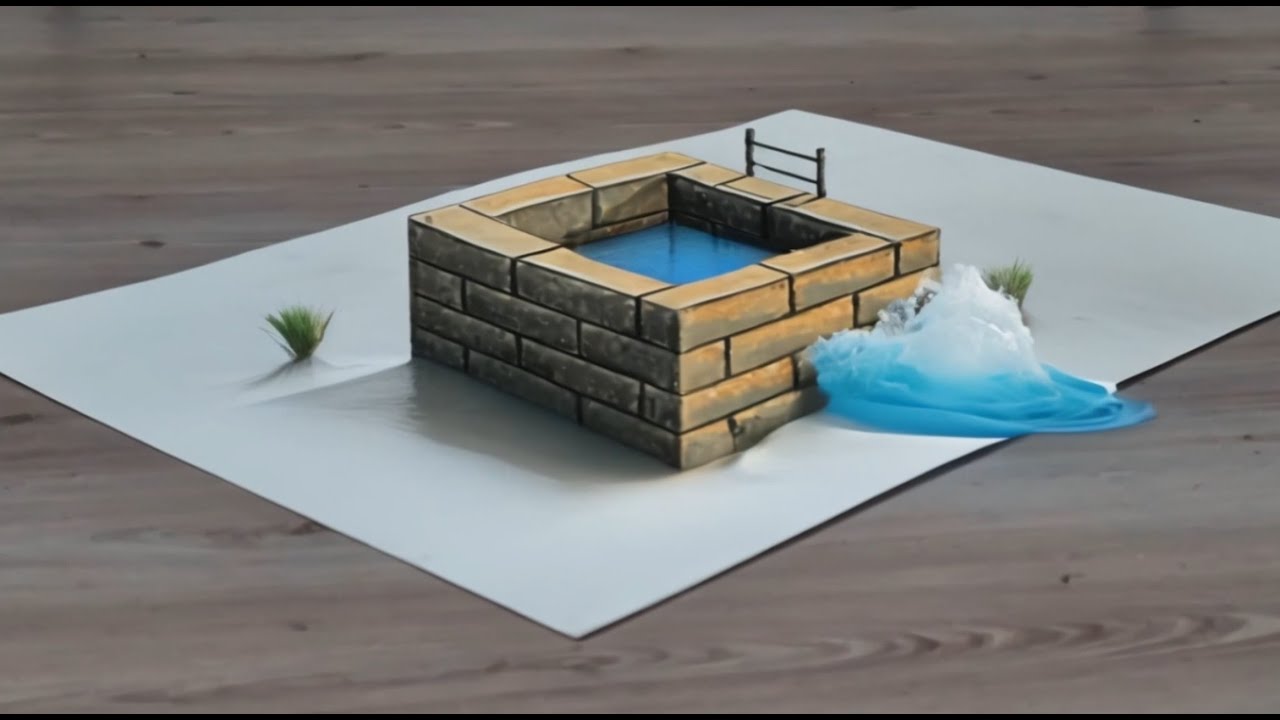 3d drawing pool and stairs on paper for beginner