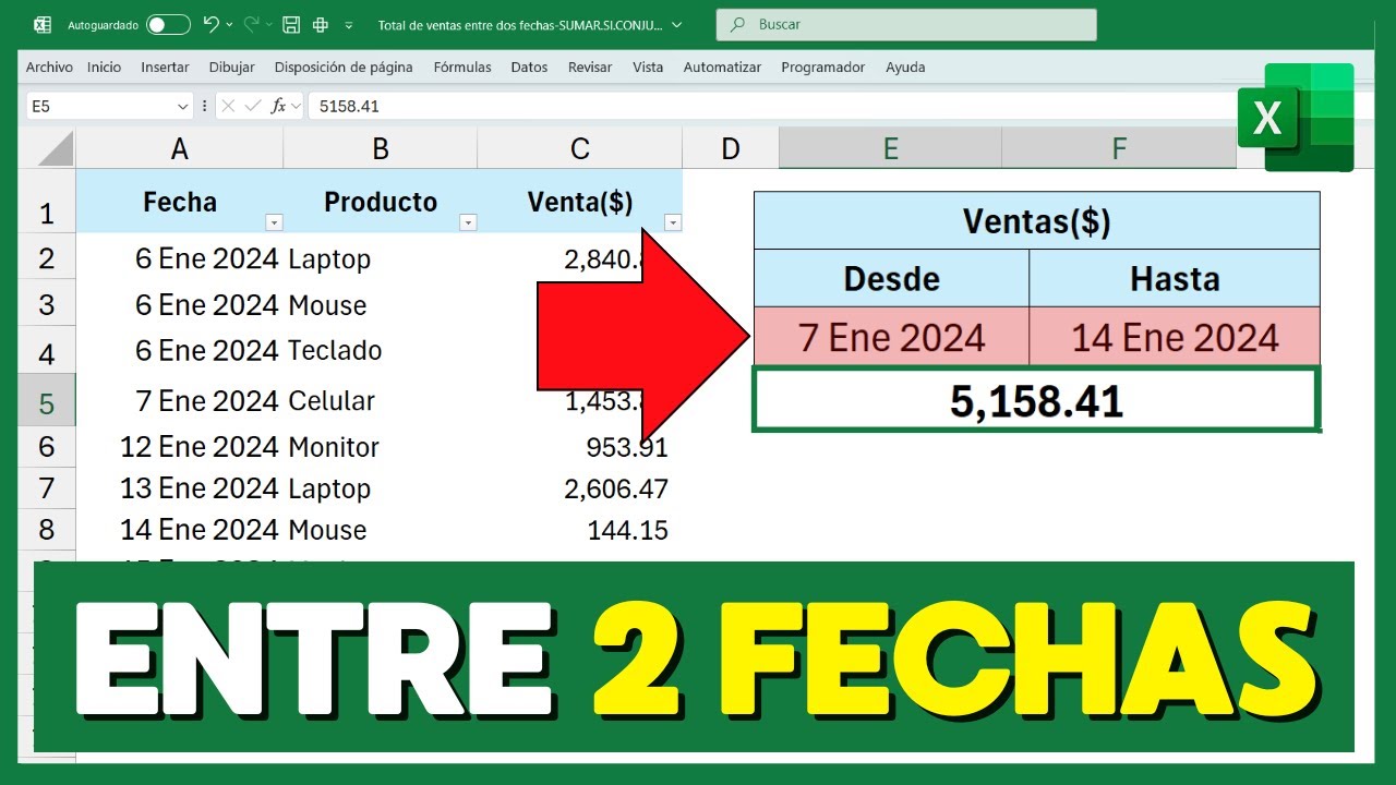 📅Cómo SUMAR por RANGO de FECHAS en Excel (Ventas entre 2 fechas)