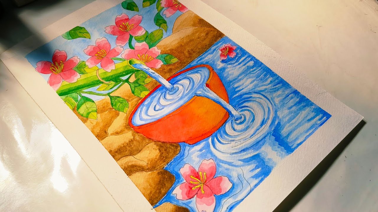 Water colour painting|blossom flower painting|bamboo scenery painting