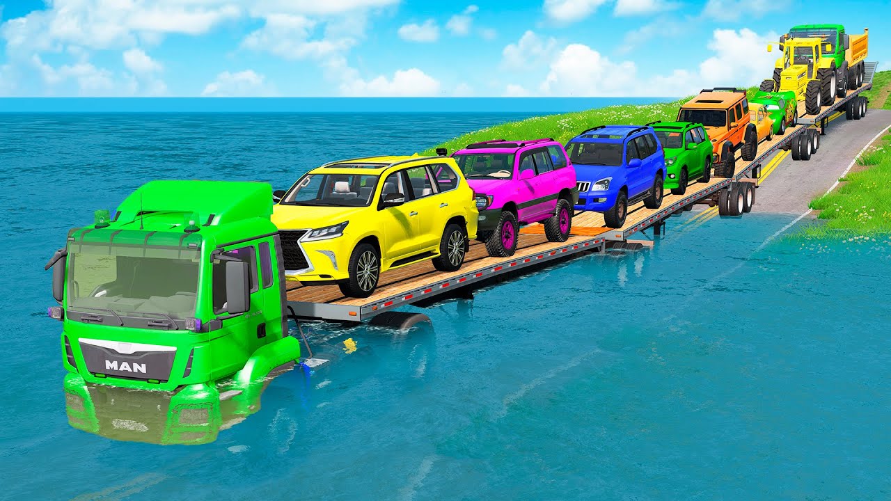 Triple Flatbed Trailer McQueen Transportation with Truck - Speedbumps vs Cars vs Train - BeamNG #5