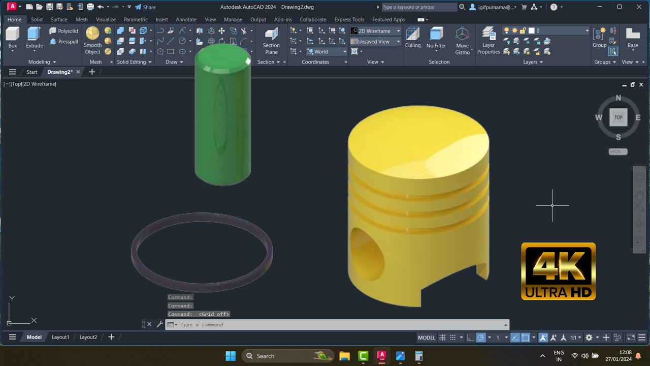 Autocad 2024 Membuat Piston dan Ring dan Ping | Cylinder Engine | part 2 | 4k 60 fps
