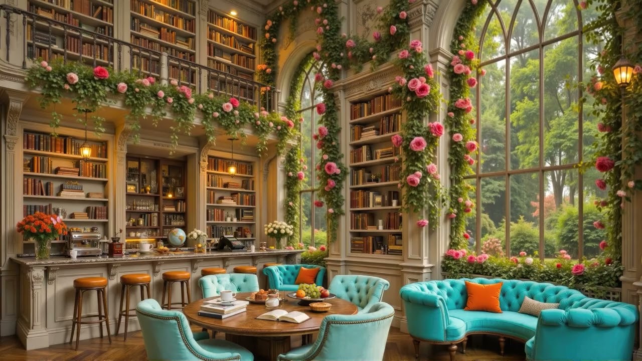 Relaxing Jazz Flowing Through a Spring Library | Elegant Rose Covered Book Café & Blooming Ambience