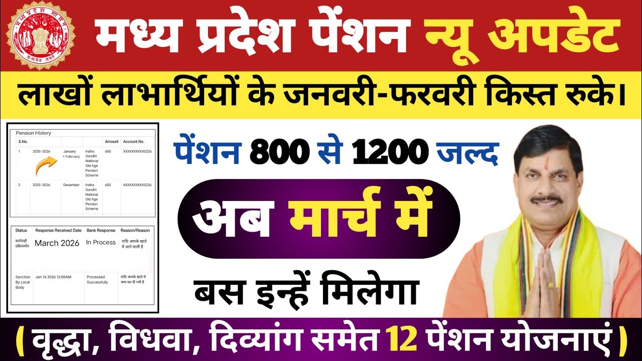 2 मार्च से - फरवरी किस्त होंगे जारी! जनवरी किस्त मिलना शुरू। मध्य प्रदेश पेंशन 800 से 1200 जल्द।