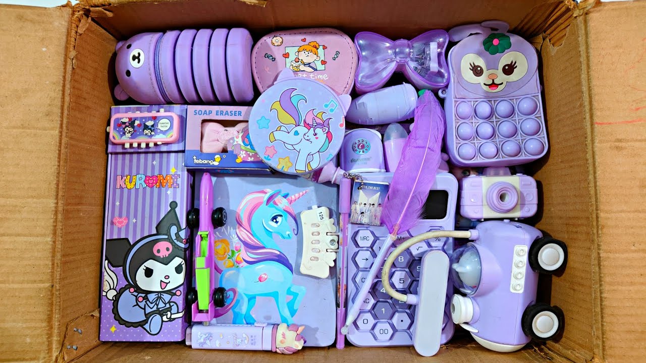 Unboxing Cute🥰 Purple Stationery📚, Unicorn Notebook, Storage Box  Pen, Eraser, Sharpener, Table Lamp