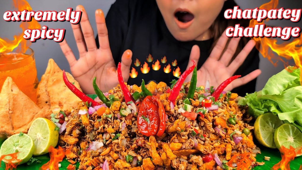 EATING NEPALI STYLE SPICY CHATPATEY WITH SAMOSA | SPICY CHATPATEY CHALLENGE WITH BHOOTJOLOKIA ASMR