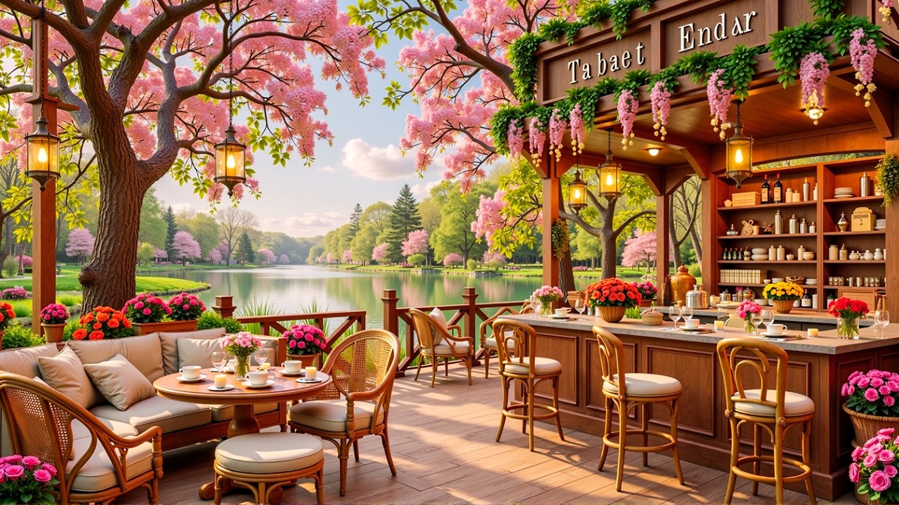 Sunny Spring Morning at a Lakeside Coffee Shop ☕ Smooth Jazz Outdoors with Flowers and Calm Views