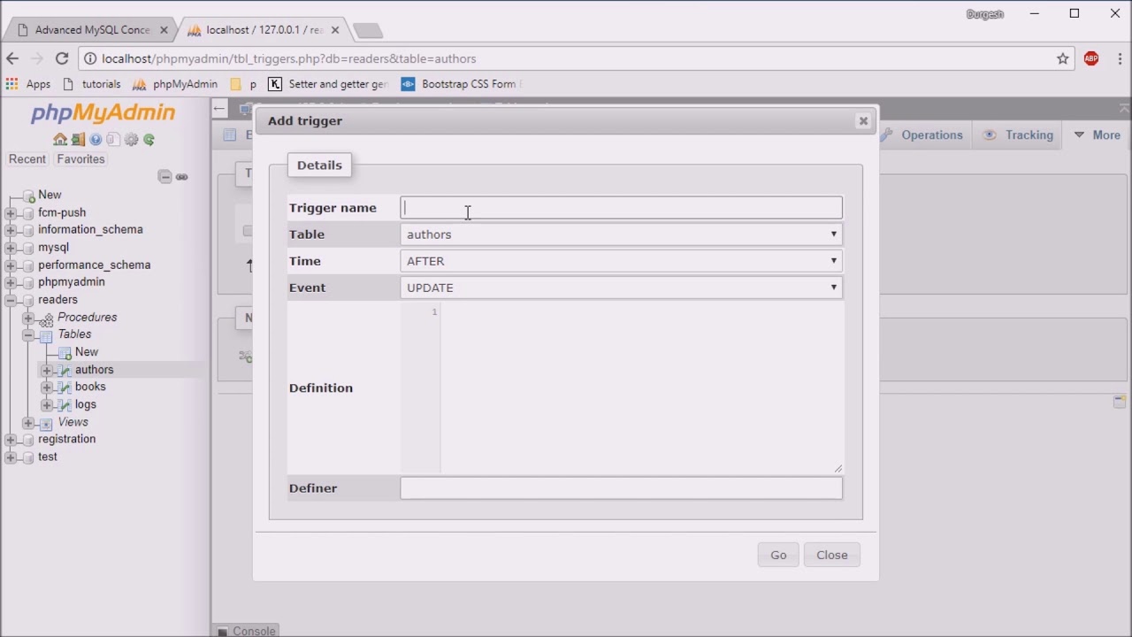 Create Trigger in phpMyAdmin