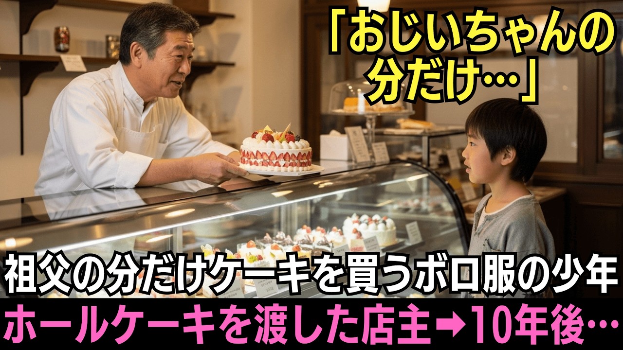 「おじいちゃんの誕生日なんです」閉店間近のケーキ屋に現れたボロ服の少年→寝たきりの祖父の分だけケーキを買う姿に店主がホールケーキを渡した結果、10年後まさかの展開に…【感動する話】