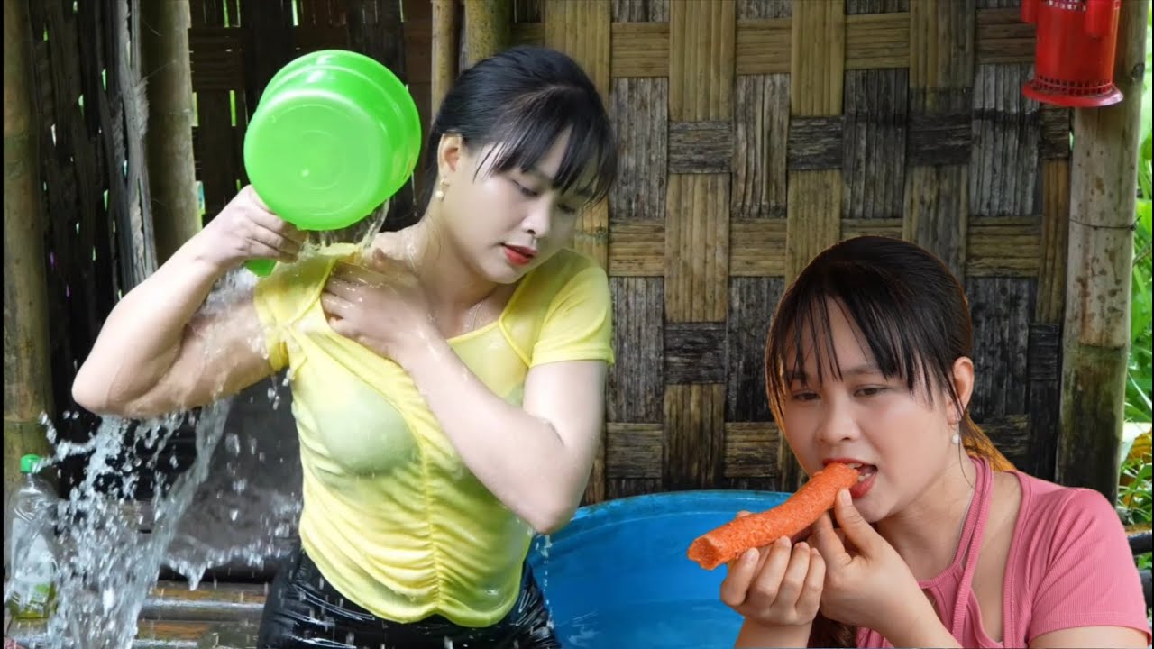 Vietnamese rural girl goes fishing, cooks and takes care of farm animals and sells bananas