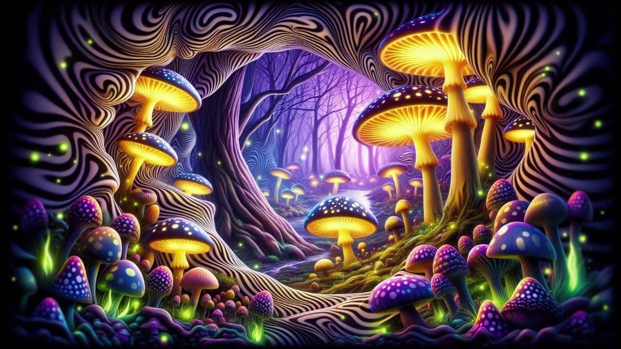 Psychedelic Yellow and Purple Mushroom Forest Wallpaper / Background
