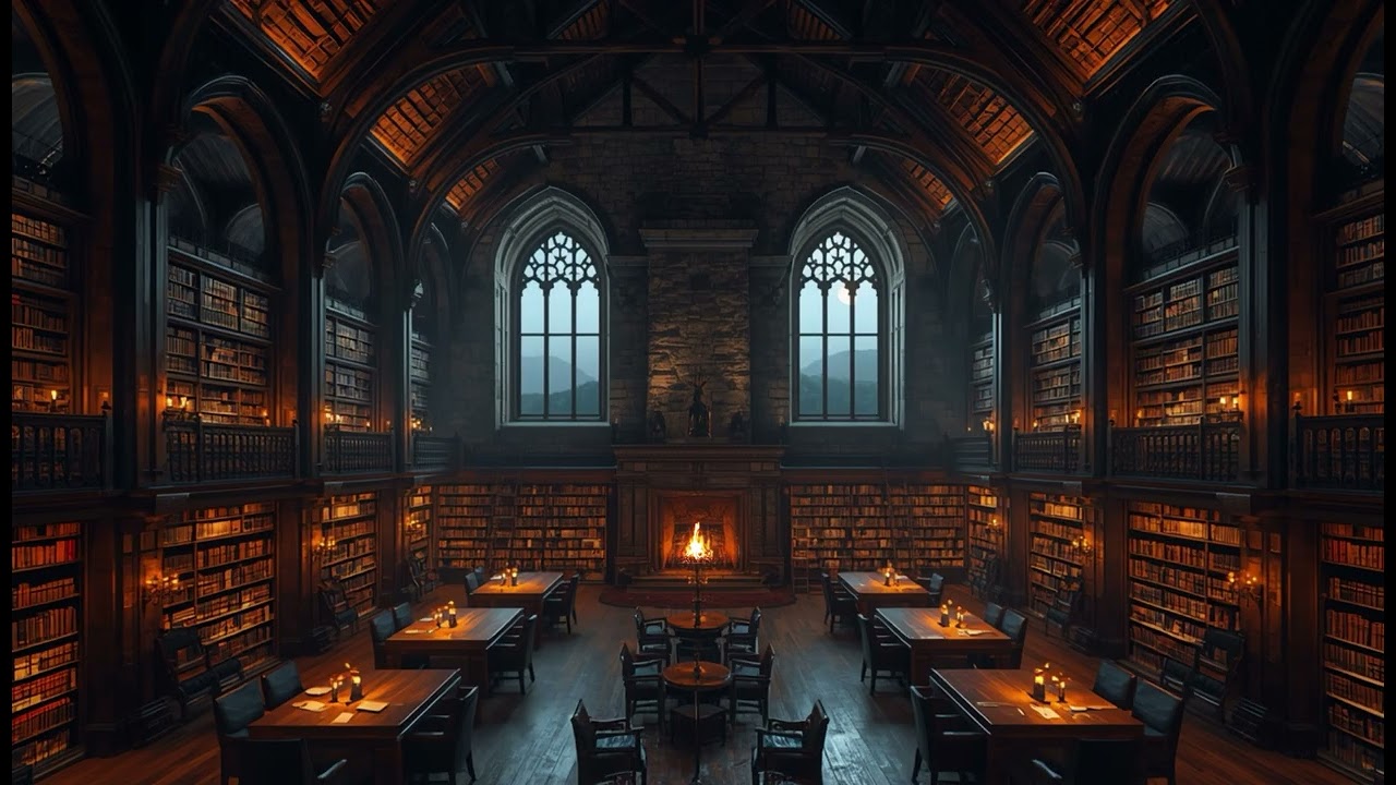 Scottish Castle Library at Night 🔥 Fireplace & Candlelight Study Ambience | Dark Academia