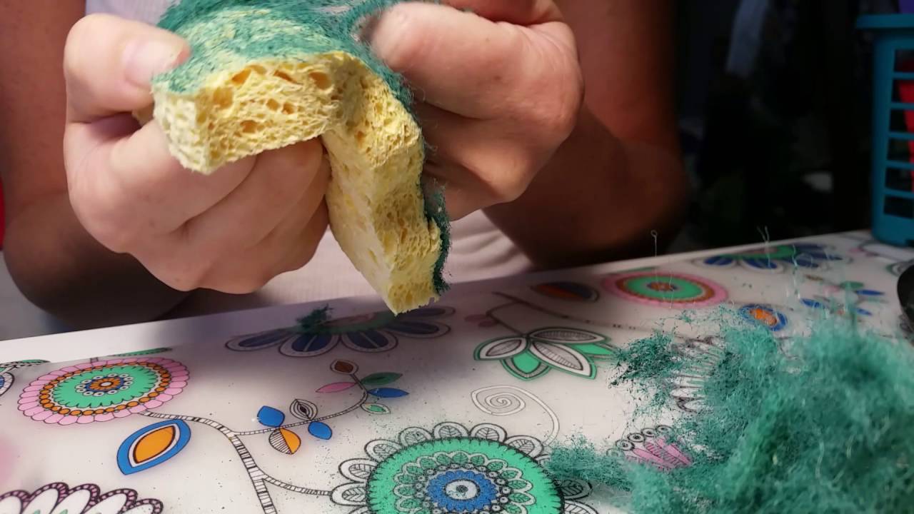 Ripping / tearing scourer pad from sponge ASMR