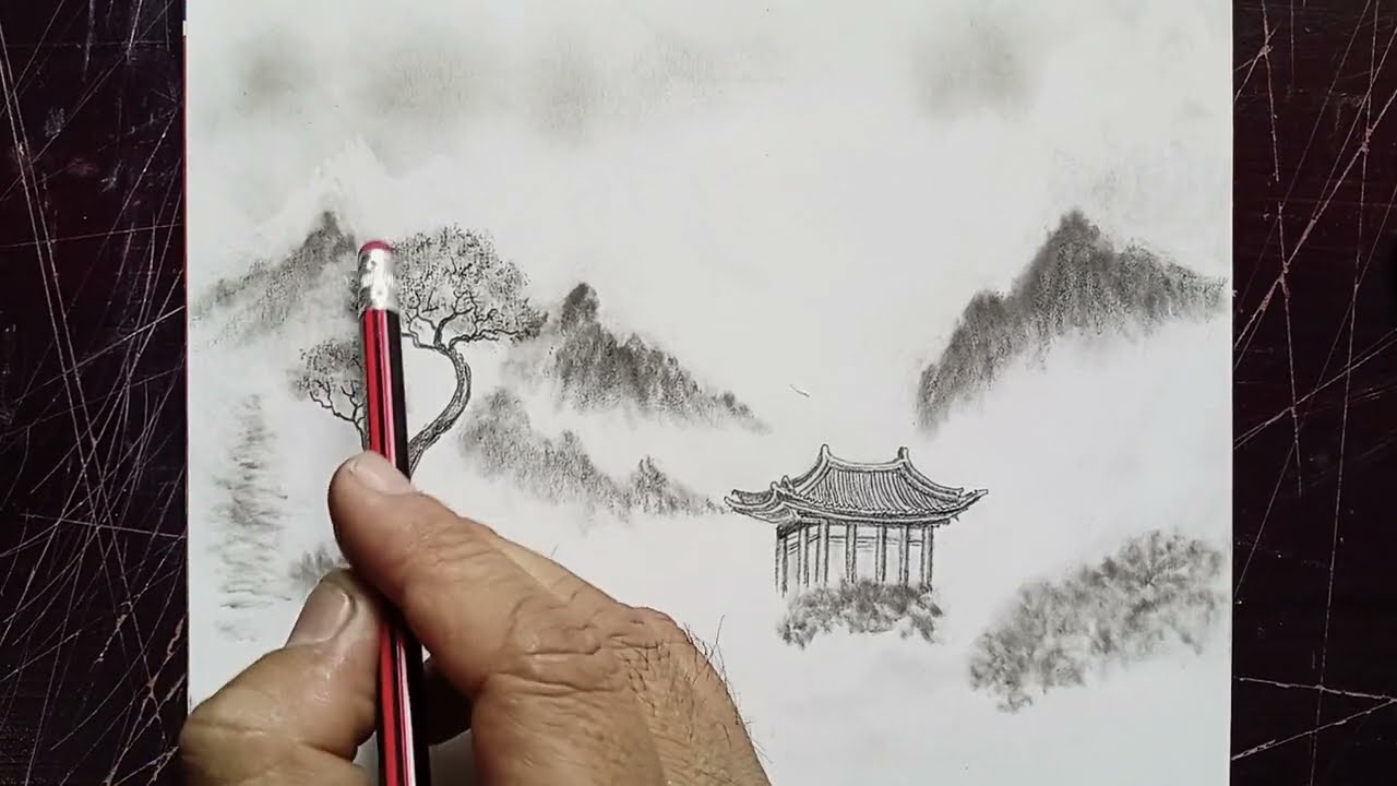Misty drawing mountain Scenery | pencil shading 