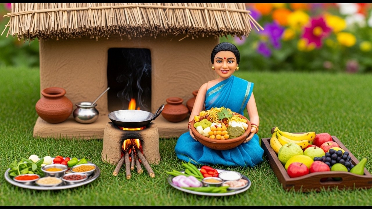 Miniature Dolls Prepare Colorful Fruit Chaat | Tiny Village Kitchen Story
