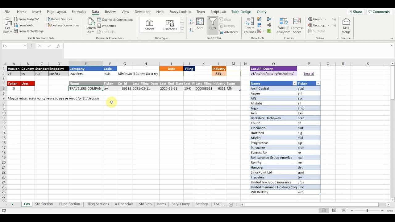 Find companies using Beryl XBRL Web API in Excel