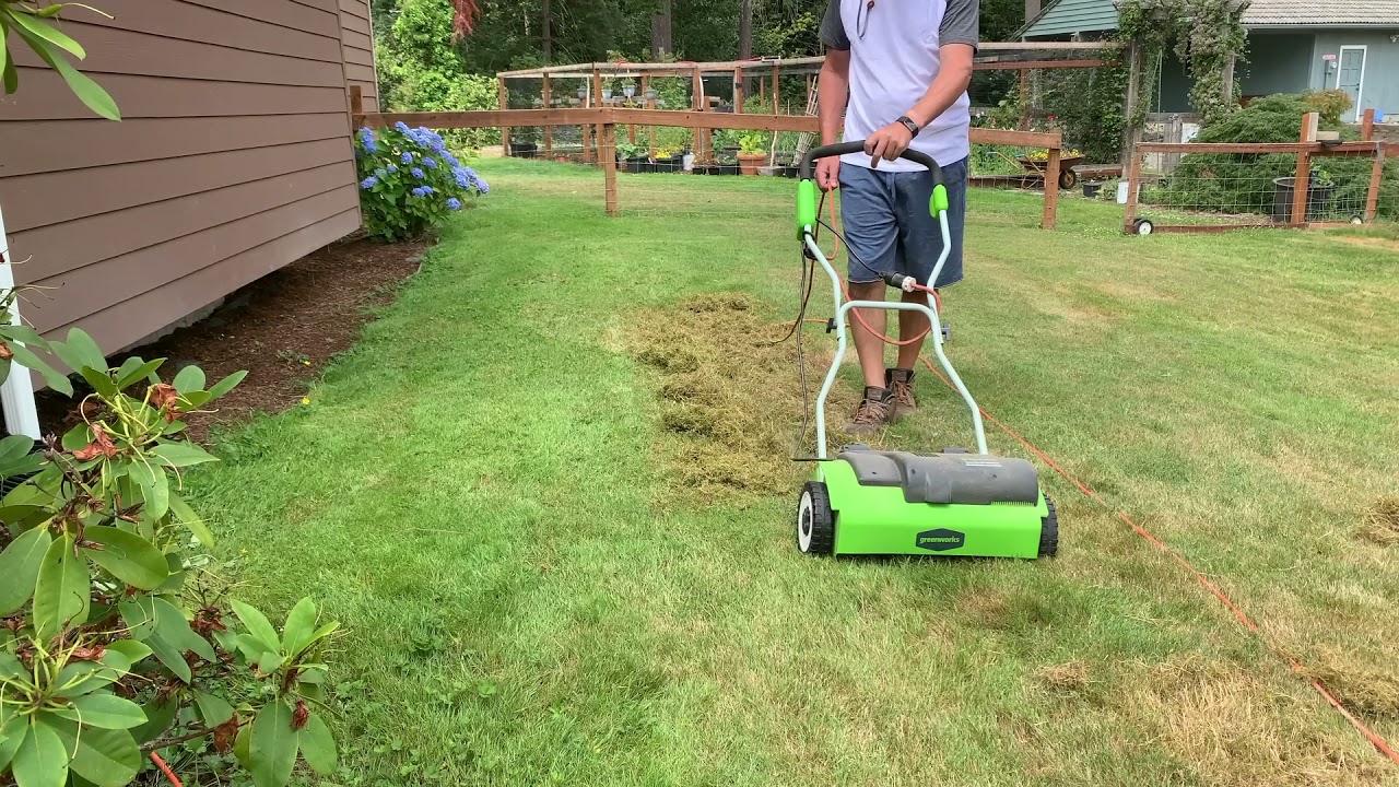 Demonstrating the $129.00 Greenworks Electric14-in Dethatcher ,