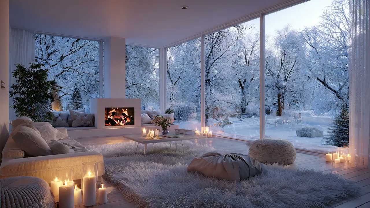 Soul-Soothing Winter Night with Cold Snow Wind Outside and Warm Fireplace Fire Inside