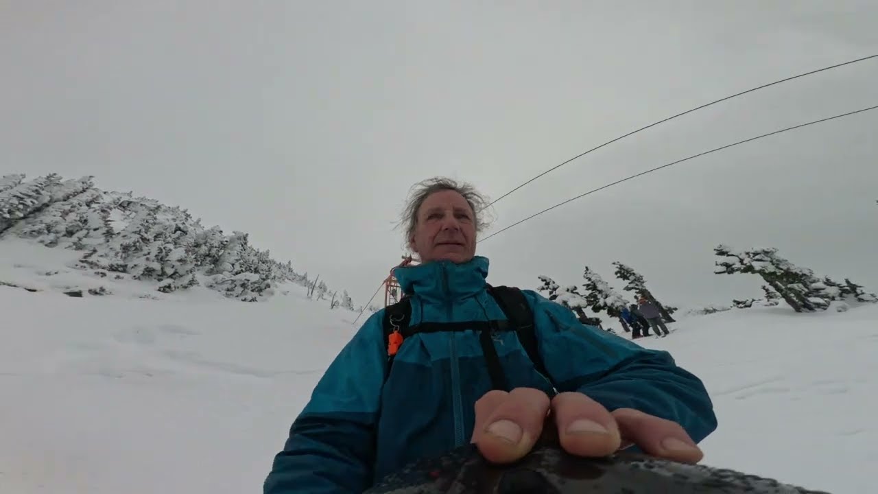 Cain Jan 3 26. Survival Snowboarding on 10 cm of fresh schmoo on hard bumpy melt freeze crust.