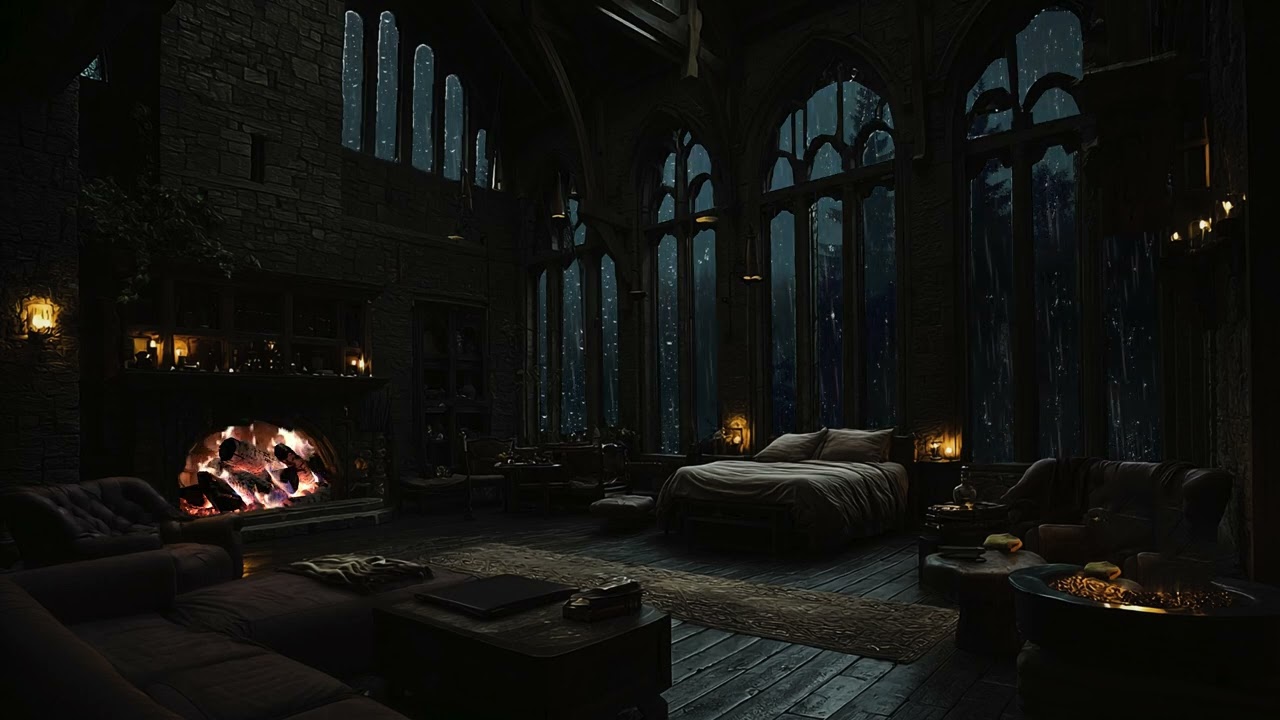 Ancient Castle Night Ambience – Rain, Thunder & Crackling Fire for Deep Sleep