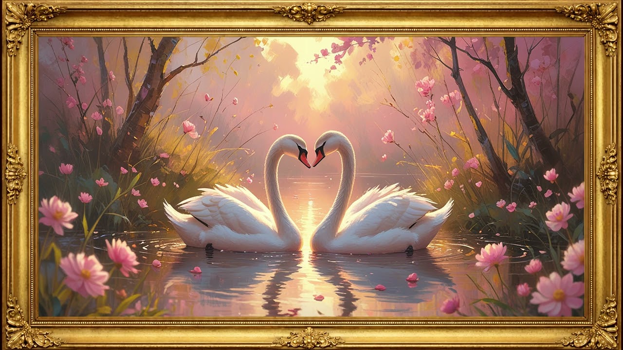 Valentine Swans & Fireflies 🦢✨ | Vintage Oil Painting | Framed TV Art Screensaver