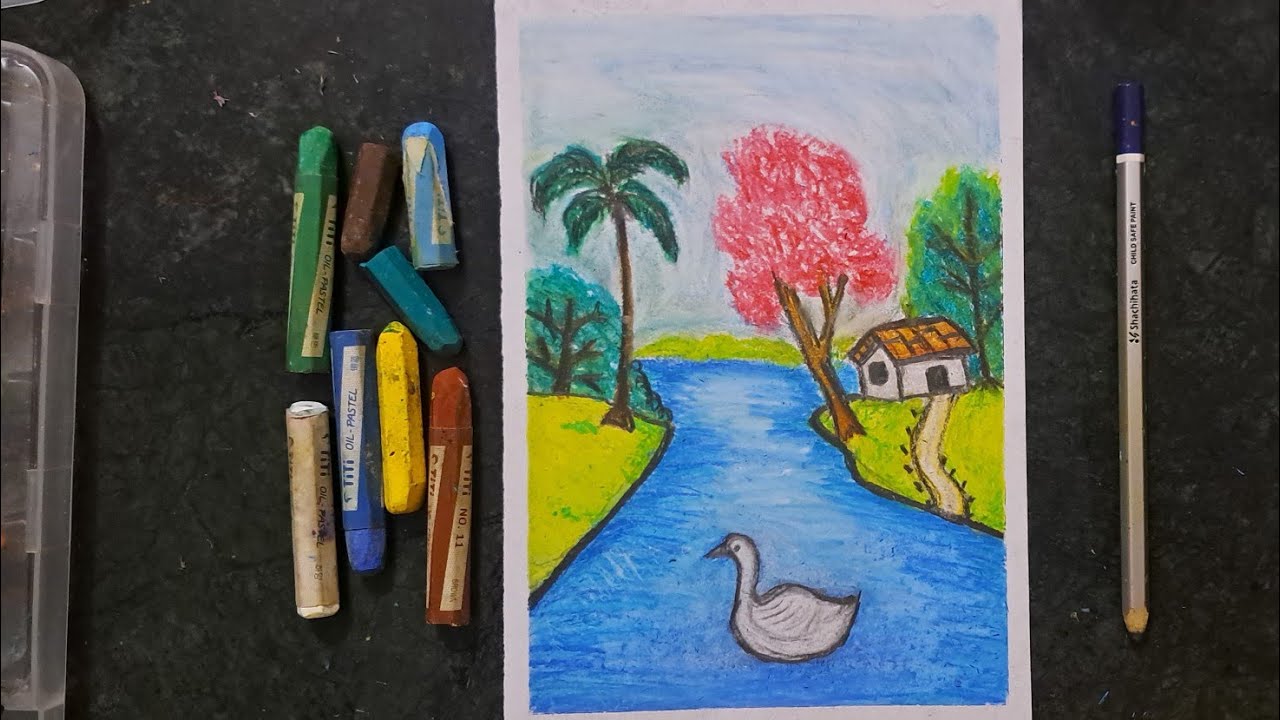 How To Draw Easy Scenery Drawing With Oil Pastel crayons | Step by Step | Easy River Duck Drawing
