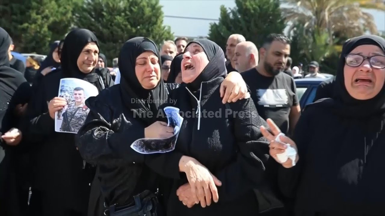 Funeral procession in southern Lebanon for Lebanese soldier killed in Israeli airstrike