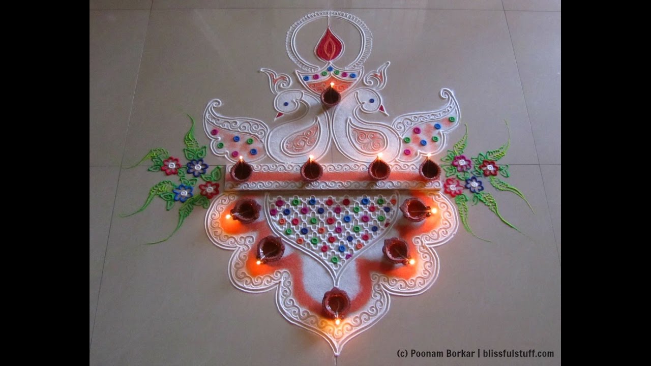 Diwali special easy and unique peacock rangoli design | Easy rangoli designs with colors by Poonam