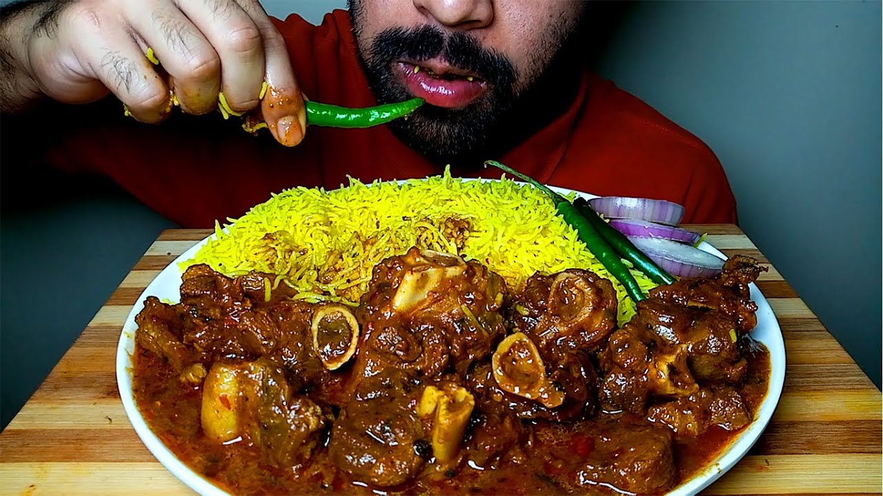 CHILLI MUTTON CURRY ||YELLOW RICE EATING SHOW|#HungryPiran